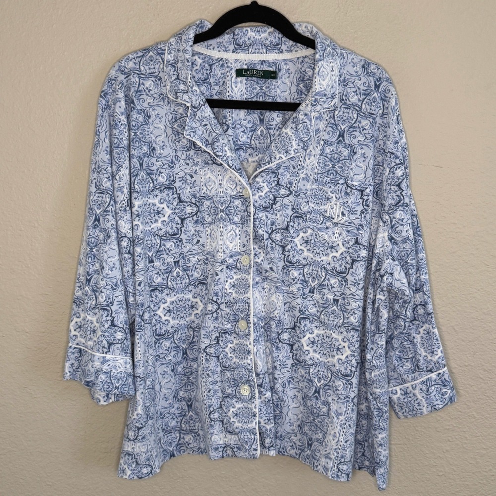 Lauren Ralph Lauren Womens 3X Blue Paisley Monogram Sleep Shirt Preppy Old Money